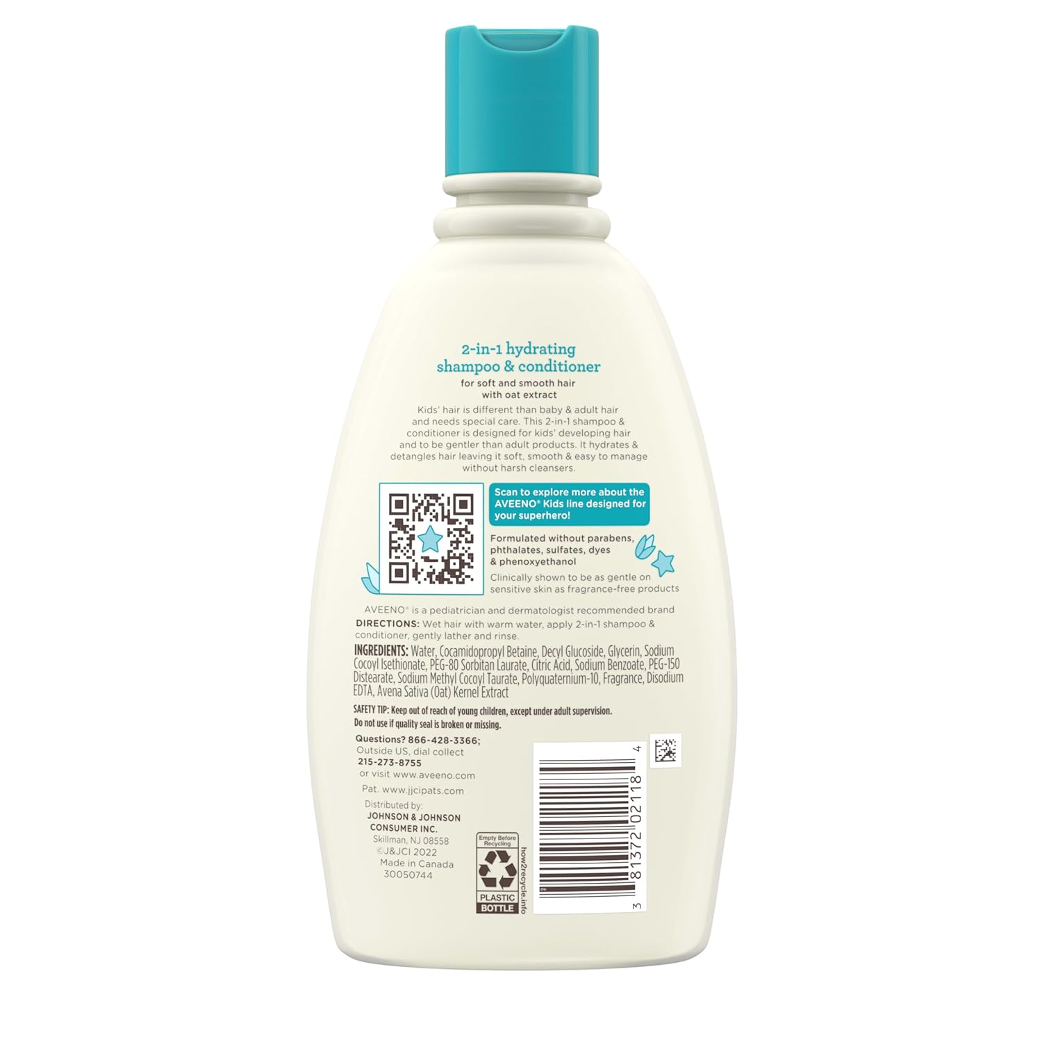 Aveeno Kids 2-in-1 Shampoo & Conditioner, Tear-Free Safe Formula for Sensitive Young Skin