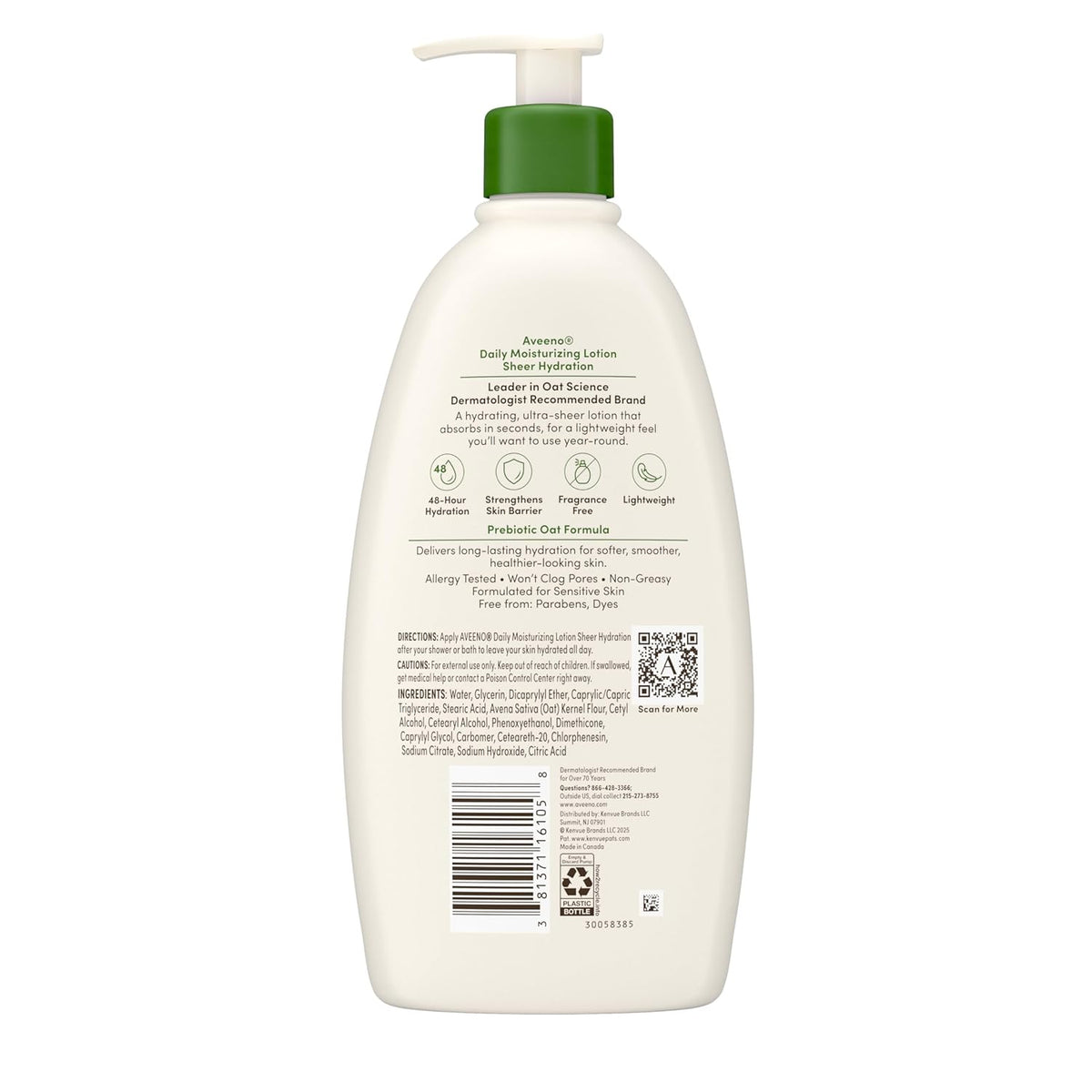 Aveeno Sheer Hydration Fragrance-Free Body Lotion for Wellness Routines – Lightweight 48-Hour Hydration with Prebiotic Oat for Dry, Sensitive Skin