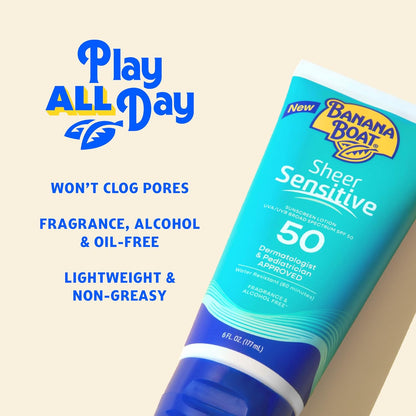 Banana Boat Sheer Sensitive Body Lotion SPF 50 – Broad-Spectrum Outdoor Sunscreen for Hiking, Camping, and Lake Days, 6oz
