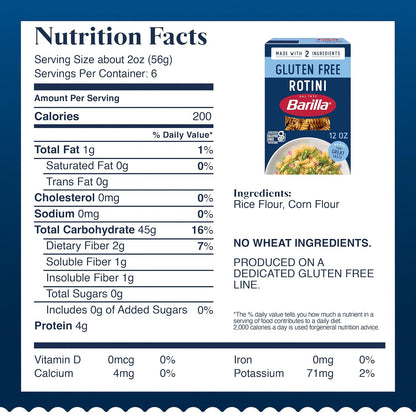 Barilla Gluten Free Rotini Pasta, 12 oz - Clean-Label Pantry Staple for Celiac-Safe Family Dinners