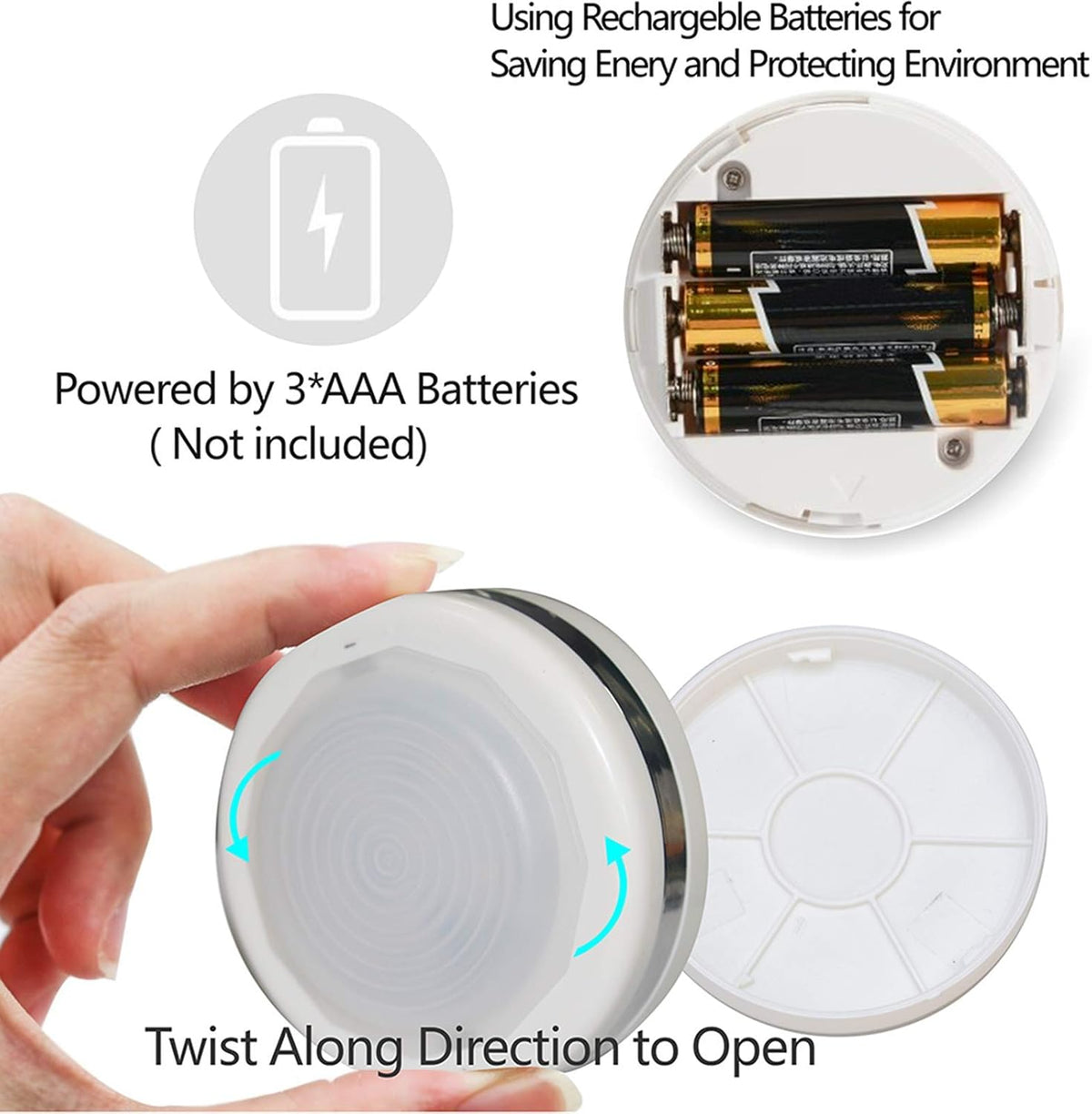 battery powered via 3 x aaa per puck (no outlet or wiring needed)