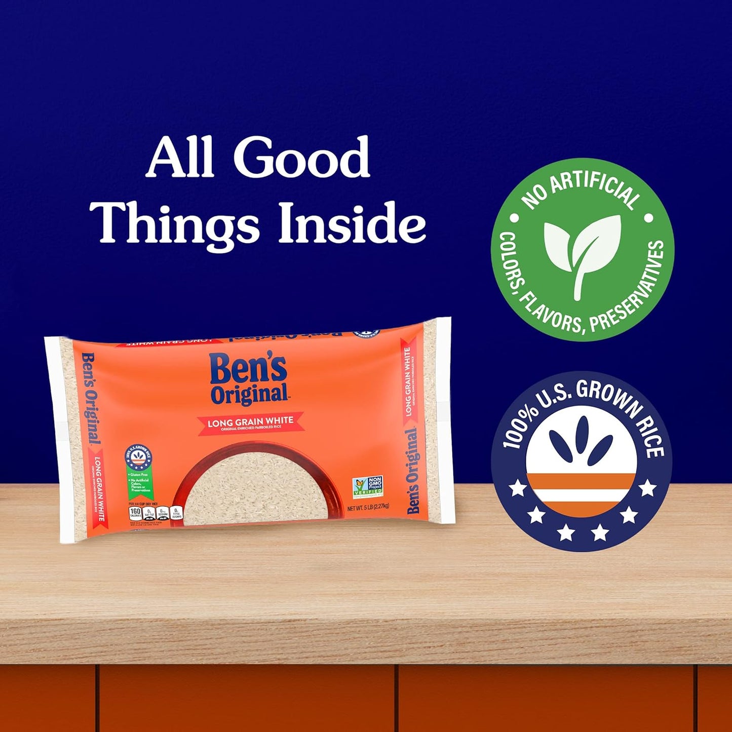 BEN'S ORIGINAL Long Grain White Rice, 5 lb Bag – Fat-Free, Iron-Enriched Side for Calorie-Conscious Family Meals