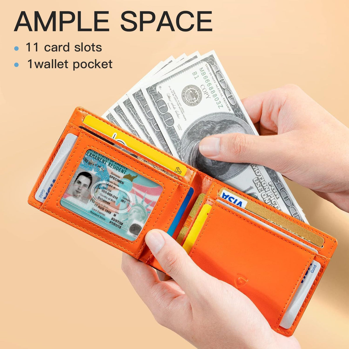bifold form factor with 2 compartments, 13 pockets, 11 card slots, id window, and 3 sections