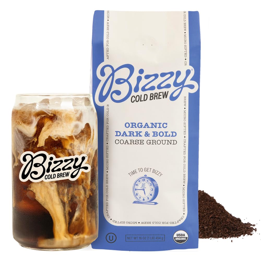 Bizzy Organic Cold Brew Coffee | Dark &amp;amp; Bold Blend | Coarse Ground Coffee | Dark Roast | Micro Sifted | Specialty Grade | 100% Arabica | 1 LB
