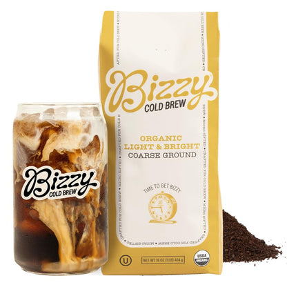 Bizzy Organic Cold Brew Coffee | Light &amp;amp; Bright Blend | Coarse Ground Coffee | Light Roast | Micro Sifted | Specialty Grade | 100% Arabica | 1 LB