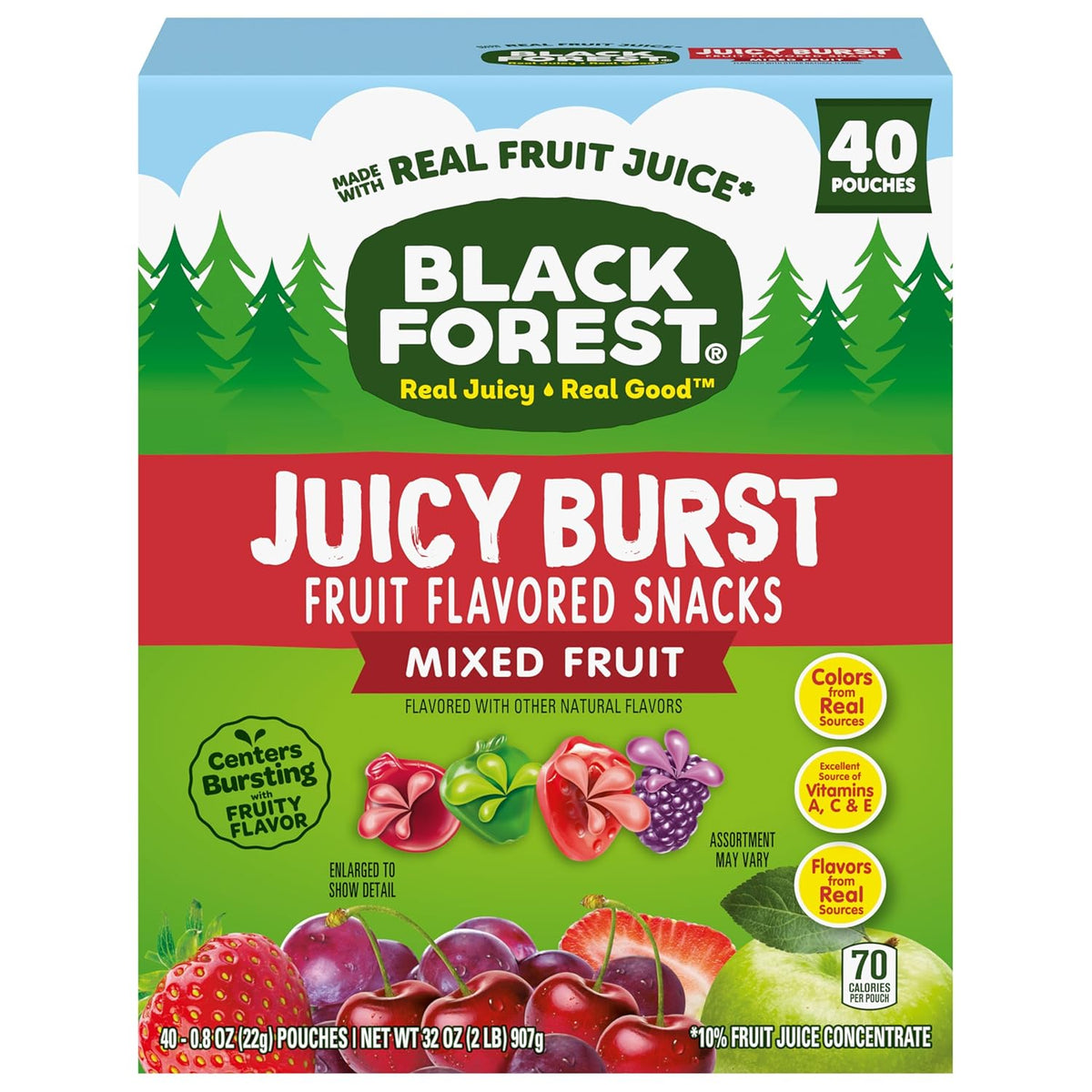 Black Forest Juicy Burst Office Desk Snacks – Individually Wrapped Mixed Fruit Gummy Pouches, 40 Count
