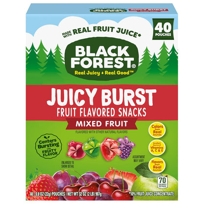 Black Forest Juicy Burst Office Desk Snacks – Individually Wrapped Mixed Fruit Gummy Pouches, 40 Count