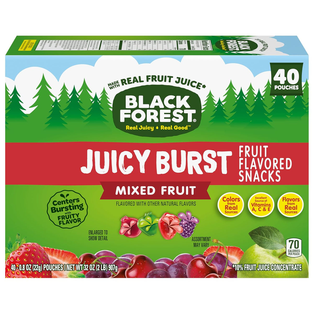 Black Forest Juicy Burst Office Desk Snacks – Individually Wrapped Mixed Fruit Gummy Pouches, 40 Count
