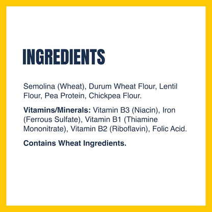 blend of semolina and durum wheat with legume flours for a familiar pasta texture and taste
