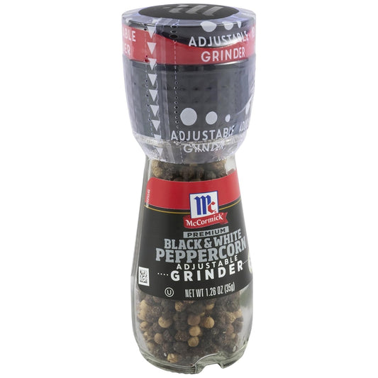 blend of whole black peppercorns and white peppercorns in a single bottle