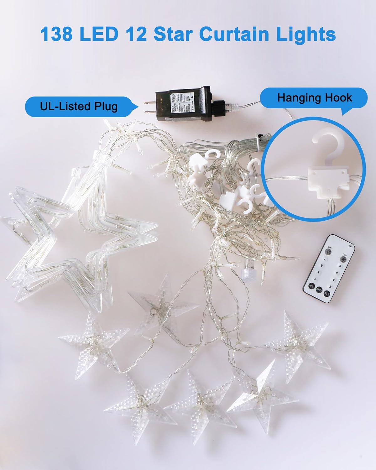 Blingstar Star Curtain Lights 138 LED 12 Star Multicolor Christmas Lights 8.2 Ft Plug in Window Lights Birthday Gift for Her and Mom
