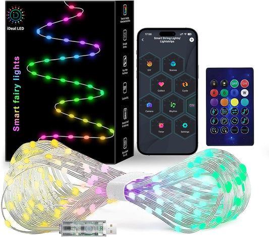 bluetooth app control (ios/android) plus included ir remote for on/off, dimming, mode, and brightness