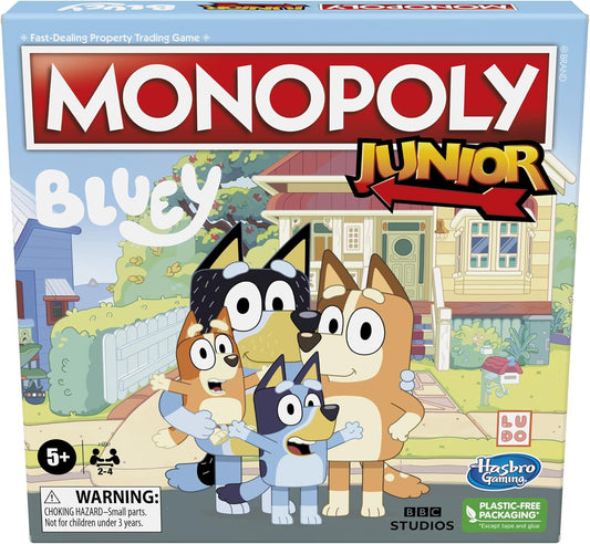 bluey-themed gameboard with 8+ familiar locations including bluey's house, the dump, uncle stripe's pool, and rug island