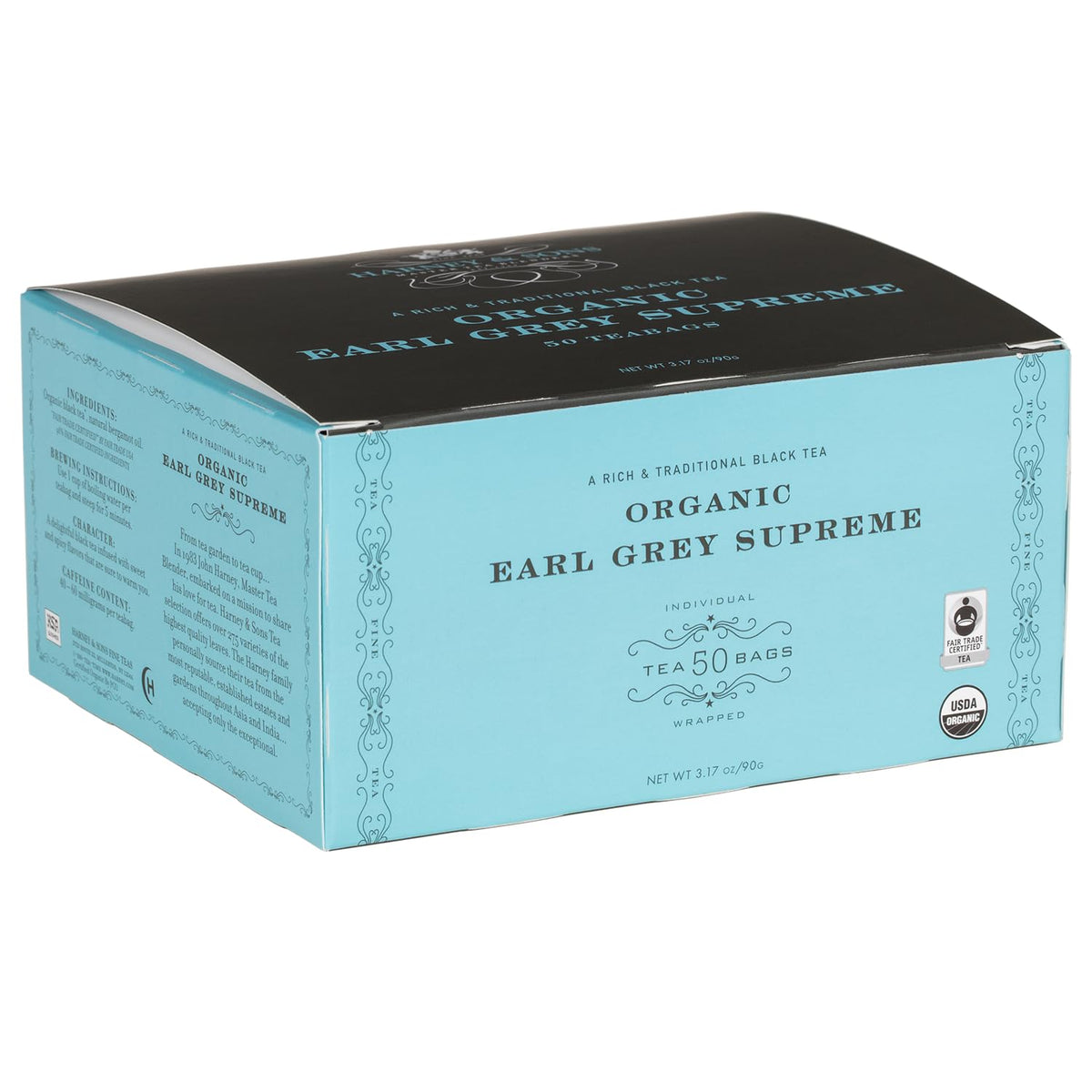 box of 50 organic black tea tea bags (with a pack of 2 option totaling 100 bags)