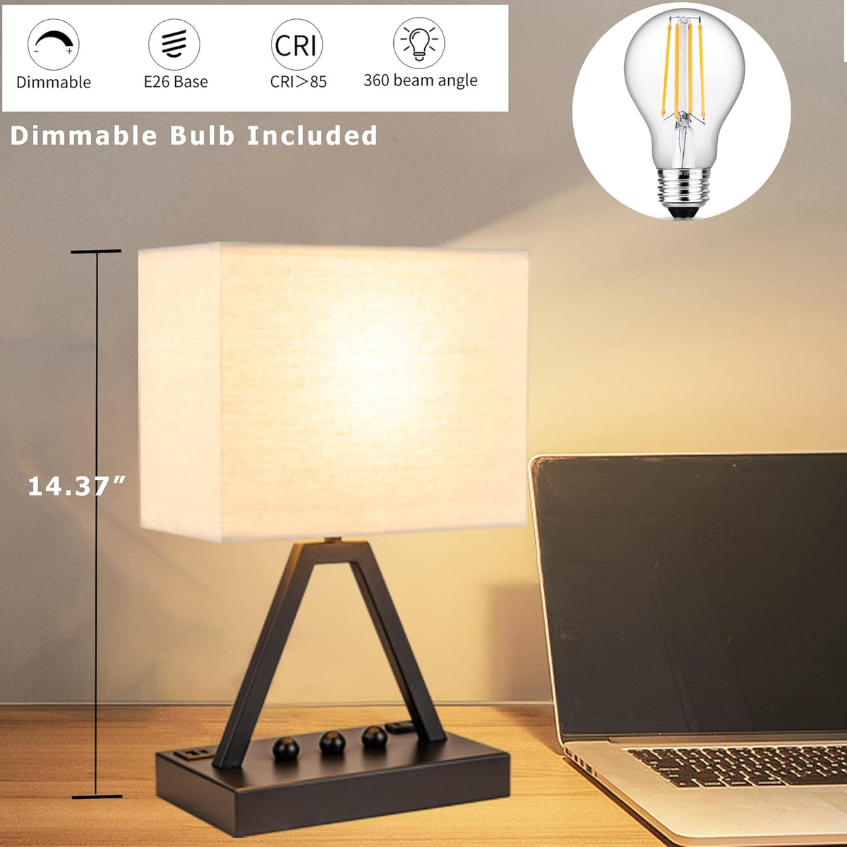 Briever Touch Control Bedside Lamp – Minimalist Nightstand Lamp in White Finish with USB Ports and Built-In Phone Stand