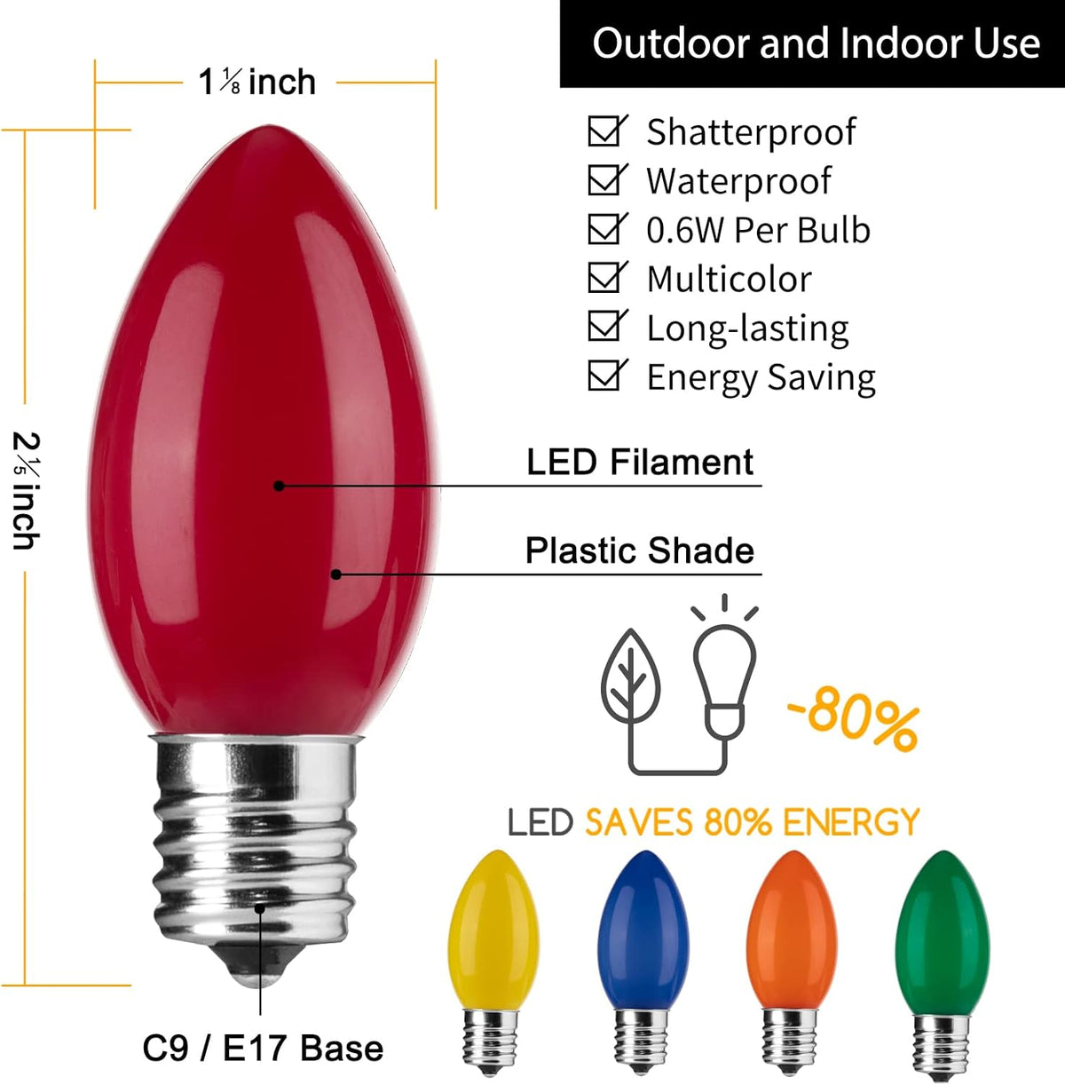 Brightown Shatterproof C9 LED Christmas Bulbs, Kid and Pet Safe Cool-Touch Replacement Bulbs for Family Living Room and High-Traffic Entryway
