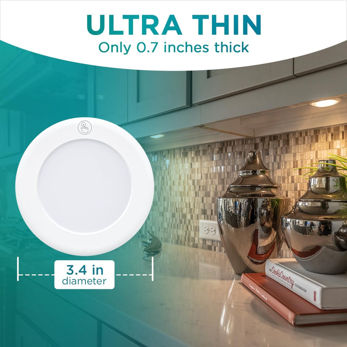 Brilliant Evolution Ultra Thin Touch Puck Lights – Warm Glow Accent for Cozy Bedrooms and Display Niches, Pack of 2