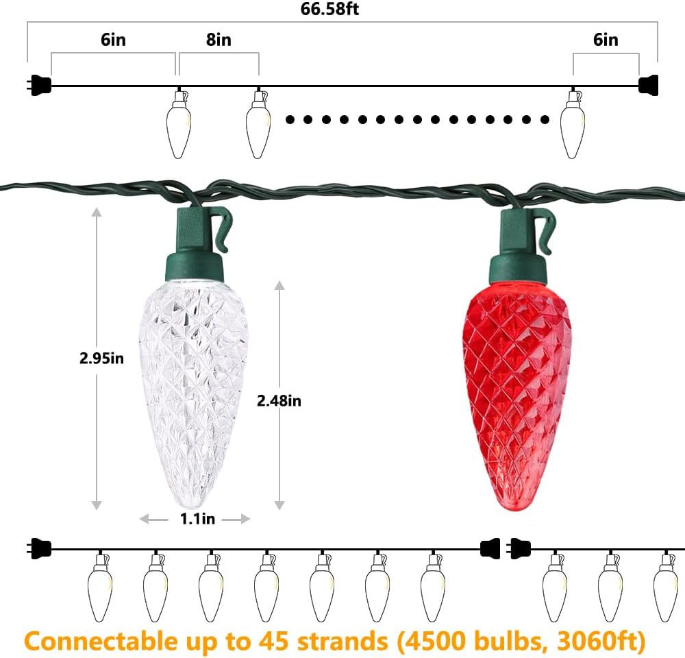 Brizled C9 Faceted Christmas Lights as Housewarming Gift, 66FT Classic Red and White LED String
