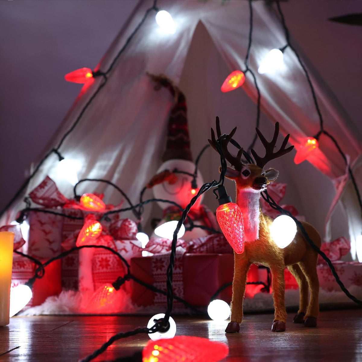 Brizled C9 Faceted Christmas Lights as Housewarming Gift, 66FT Classic Red and White LED String