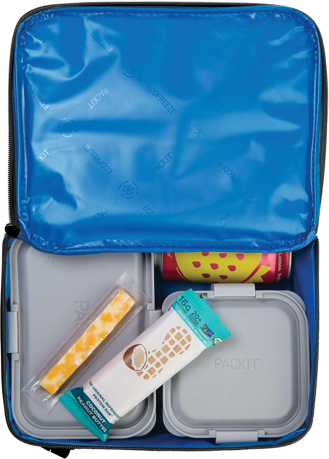 buckle handle plus exterior mesh pocket (fits 8oz bottle/utensils) and zip id/wipes pocket