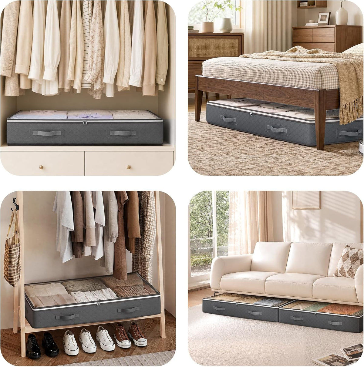 Budding Joy Under Bed Storage Bins 4 Pack Grey, Soft-Edge Toy and Bedding Organizer for Children Bedroom and Nursery Closet
