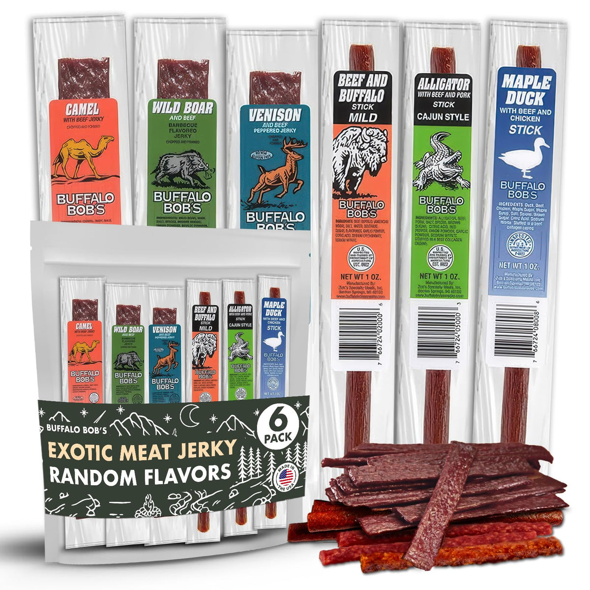 Buffalo Bob&amp;#39;s Wild Game Meat Snacks (6 Pack) | Exotic Snack Sampler Box | Gift Baskets for Men | Beef Jerky Gifts | Dad Snack | Random Gifts for Men | Jerky Gift Set | Random Pack