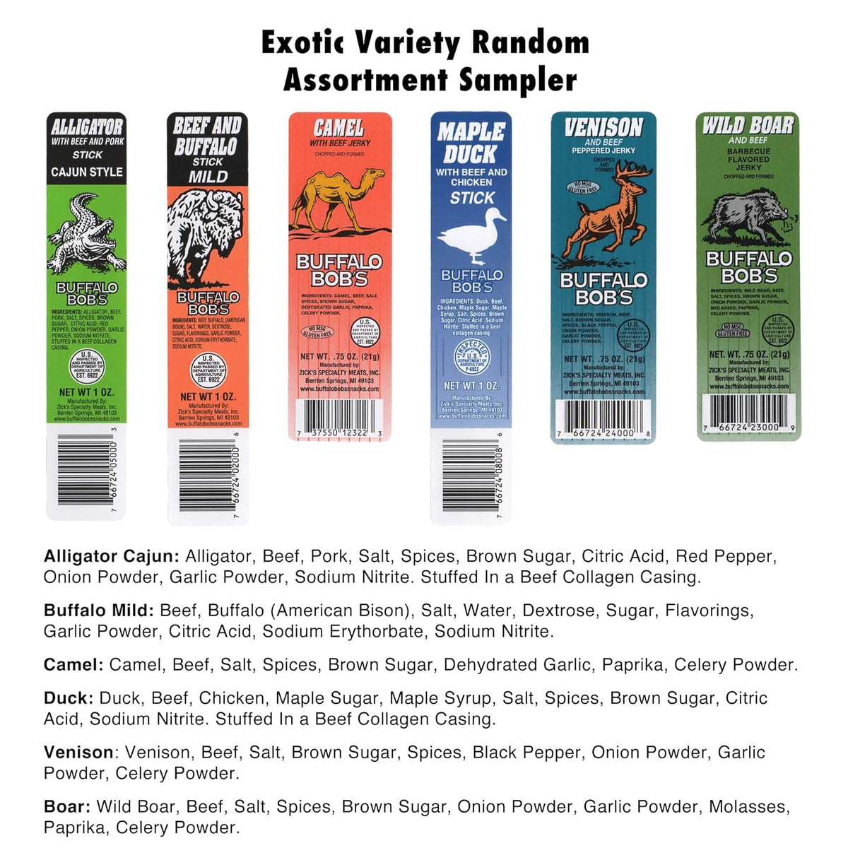 Buffalo Bob's Alligator, Camel & Wild Boar Jerky – Rugged Outdoor Adventure Pack, 6 Individually Wrapped Strips