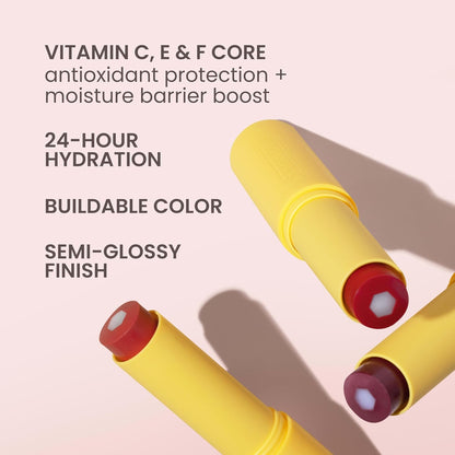 buildable, non-shimmer tinted color available in misty mauve, cheeky cherry, rose knows, and sheer plus