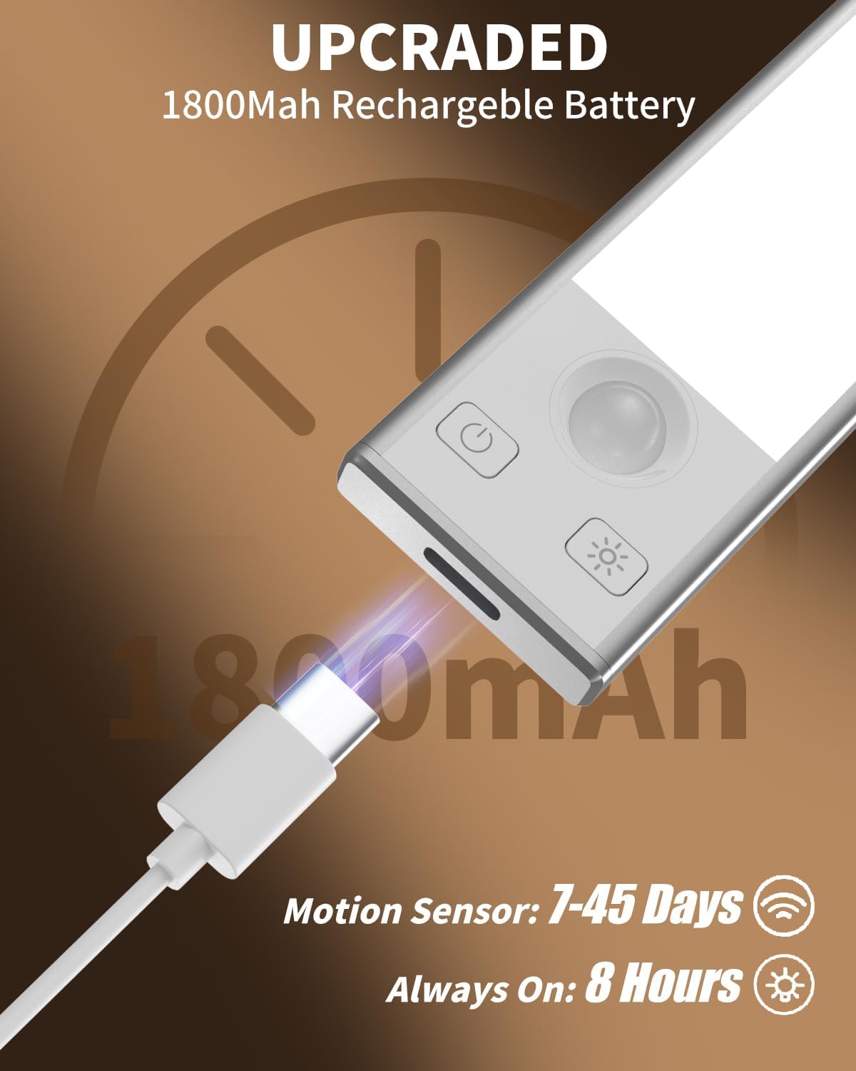 built-in 1800mah rechargeable battery charged via usb-c (8 hrs high / 45 days sensor mode)