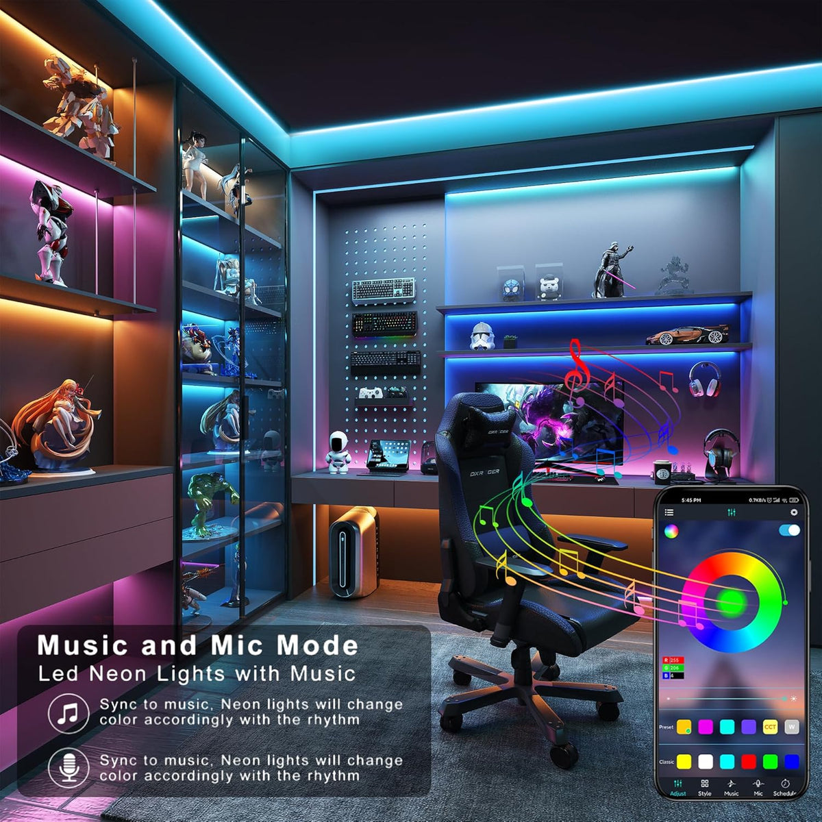 built-in high-sensitivity music sensor for real-time audio sync