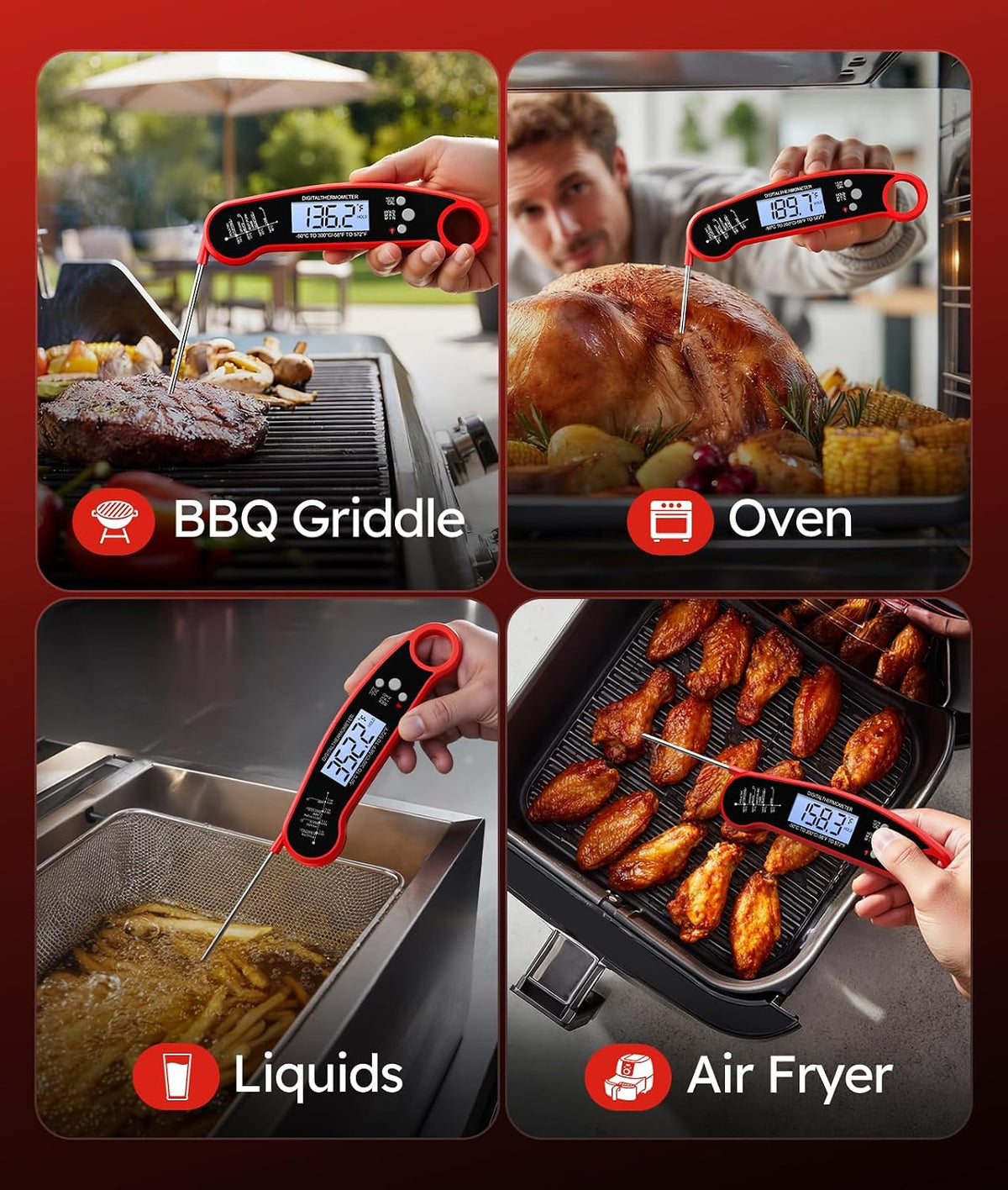 built-in magnetic back for storage on fridge, oven, or grill