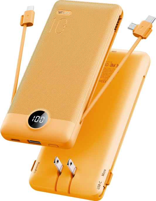 built-in micro usb, usb-c, and standard usb charging cables integrated into the body