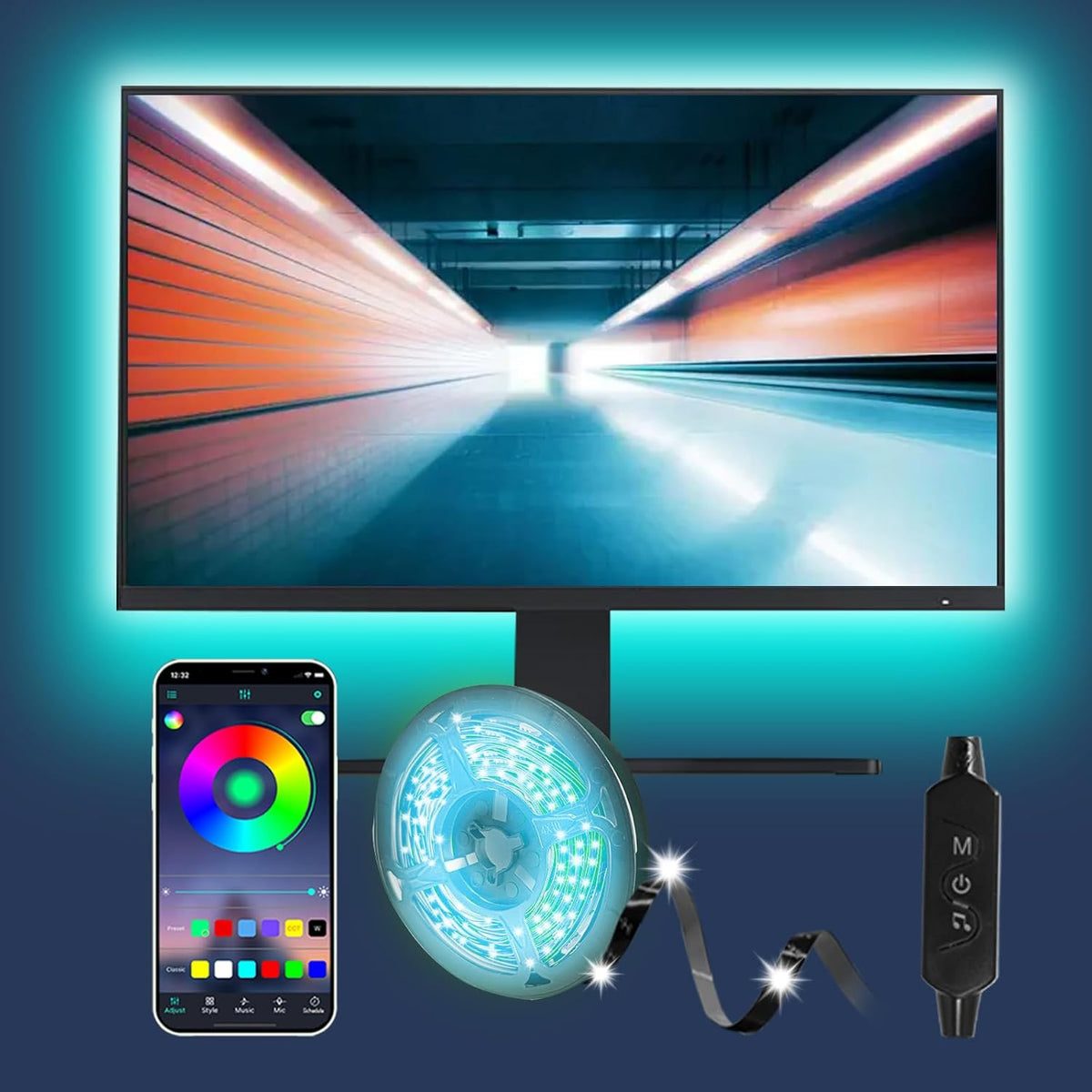 built-in microphone for real-time music sync and audio-reactive color shifting