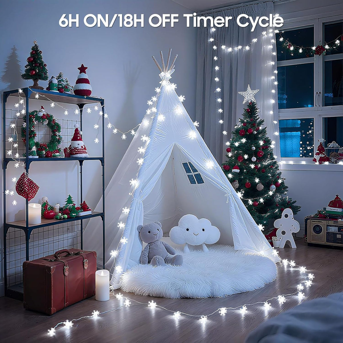 built-in smart auto-timer with 6-hour on / 18-hour off cycle, plus always-on option