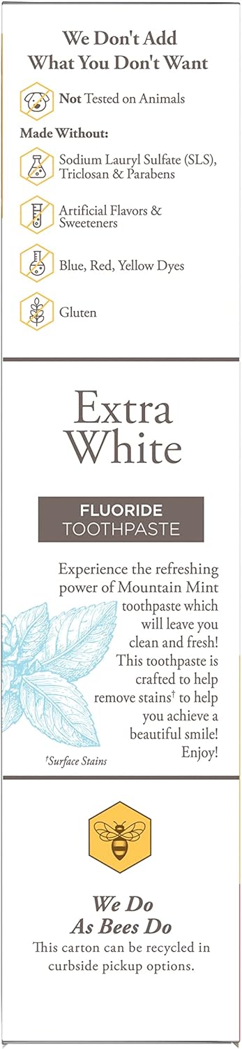 Burt's Bees Extra White Toothpaste – Mountain Mint Natural Flavor for a Calming Daily Brushing Ritual, 4.7 oz Pack of 3