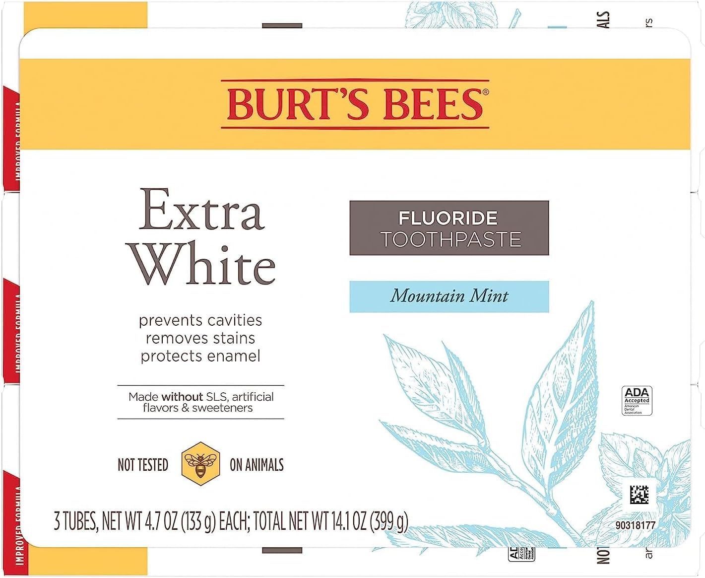 Burt's Bees Extra White Toothpaste – Mountain Mint Natural Flavor for a Calming Daily Brushing Ritual, 4.7 oz Pack of 3