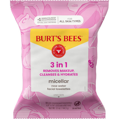 Burt's Bees Micellar Rose Water Towelettes – Thoughtful Birthday Gift for Her, Plant-Based Makeup Remover Set