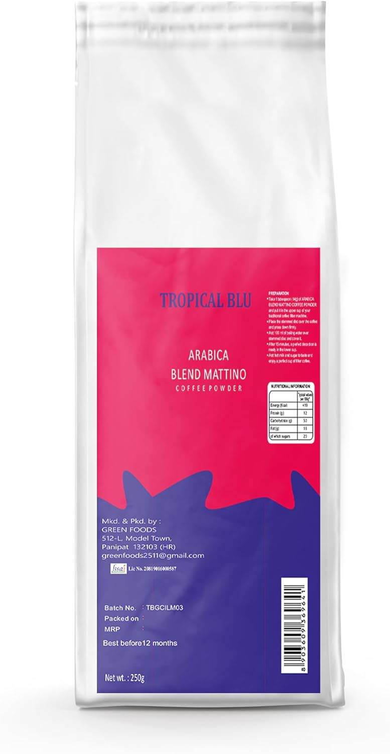 caffeinated at 63 mg per serving with optional decaffeinated variants in the product line