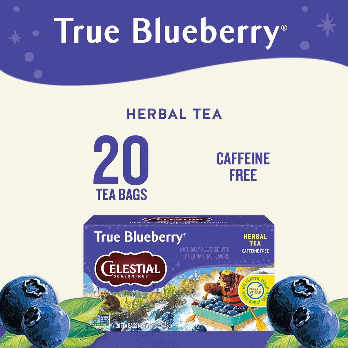 caffeine-free herbal blend of hibiscus, rosehips, orange peel, natural blueberry flavor, blackberry leaves, wild blueberries, and blueberry leaves
