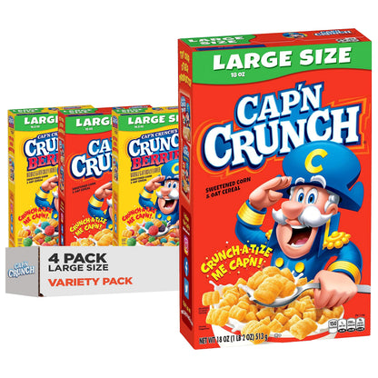 Cap&amp;#39;n Crunch Cereal, Original &amp;amp; Crunch Berries Variety Pack, Large Size Boxes, (4 Pack)