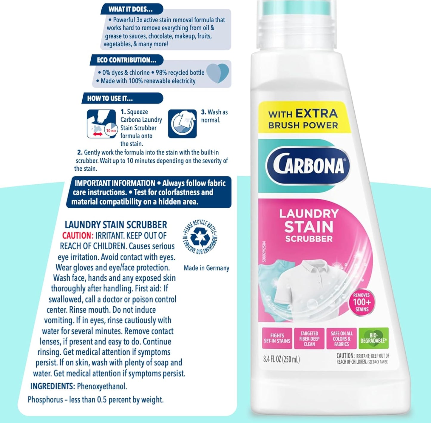 Carbona Laundry Stain Scrubber & Remover – Active Lifestyle Pre-Treat for Sweat-Stained Workout Gear and Athletic Wear