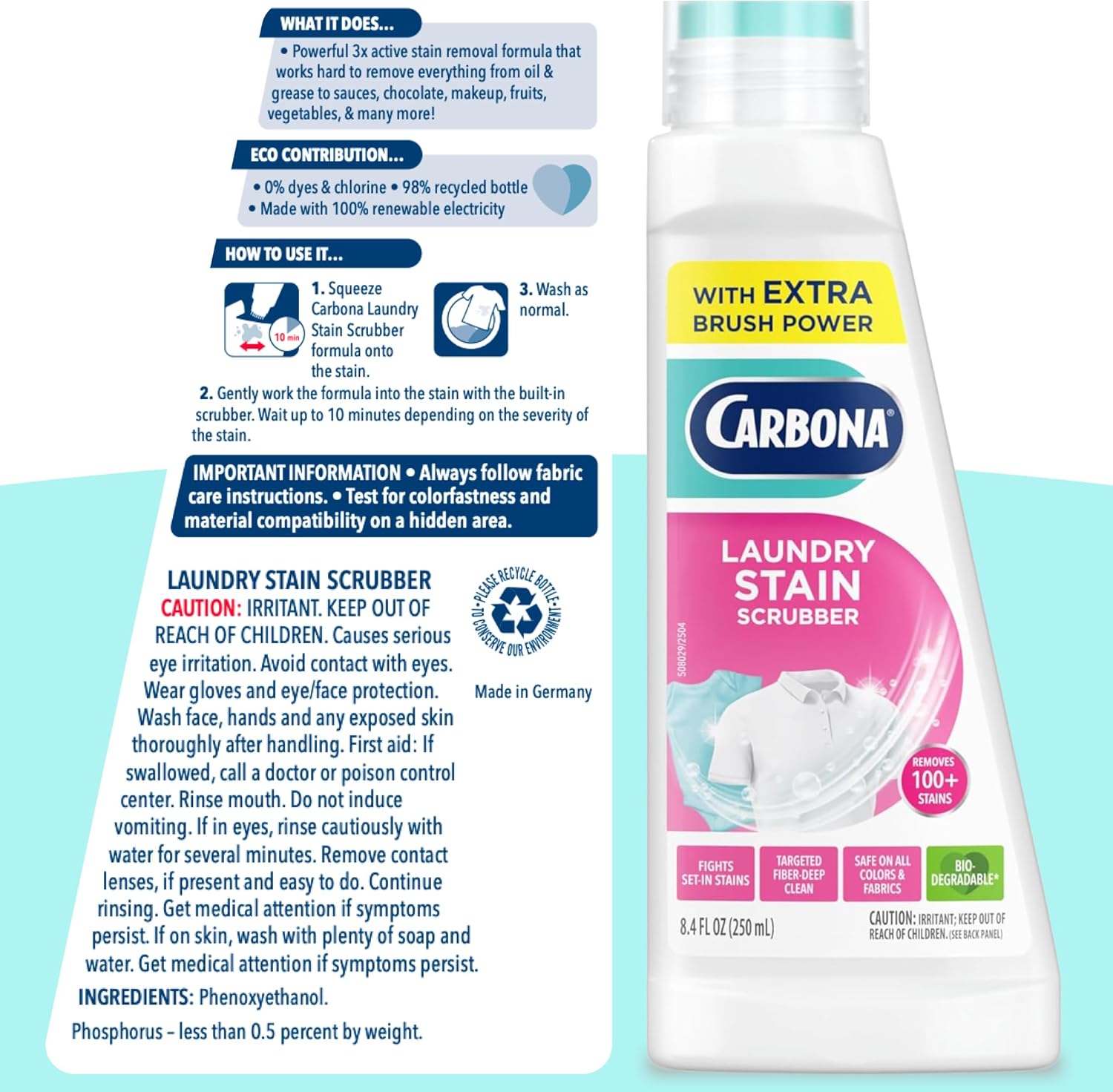 Carbona Laundry Stain Scrubber & Remover – Active Lifestyle Pre-Treat for Sweat-Stained Workout Gear and Athletic Wear