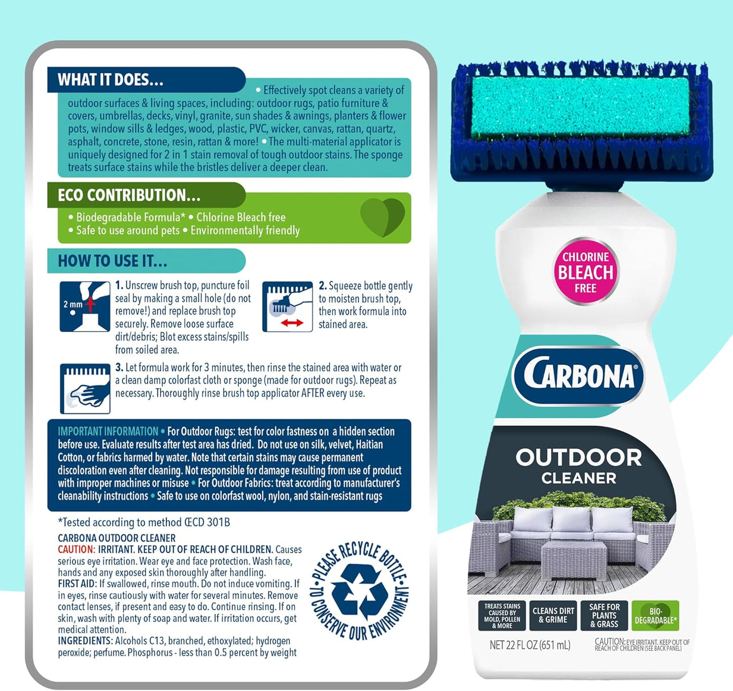 Carbona Oxy Powered Outdoor Cleaner with Built-In Brush (22 Fl Oz) – Pet & Plant Safe Patio Cleaner, Chlorine Bleach Free Formula