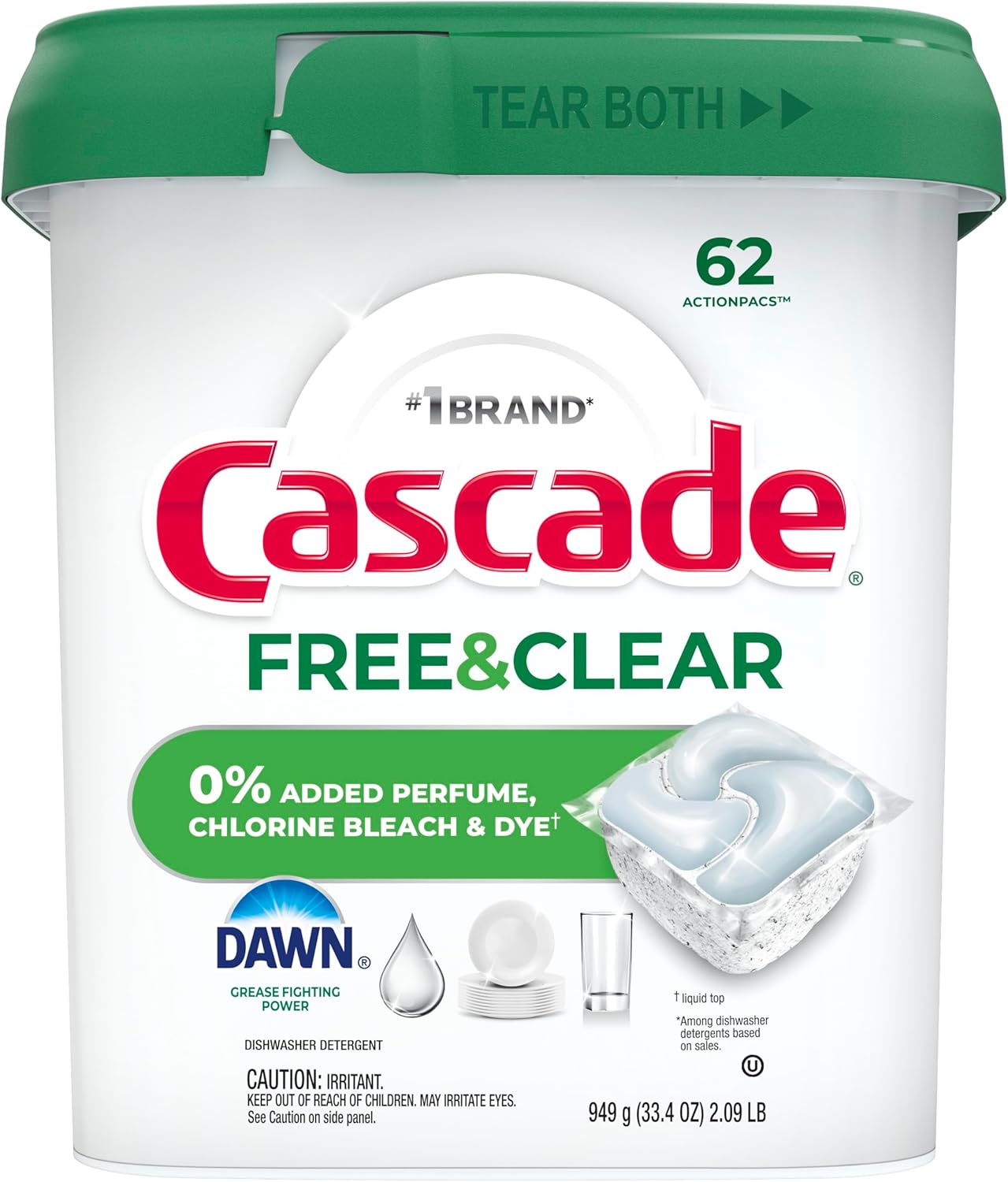 Cascade Free & Clear Dishwasher Pods – Family Kitchen Cleanup, No Chemical Residue on Kids Dishes 62ct