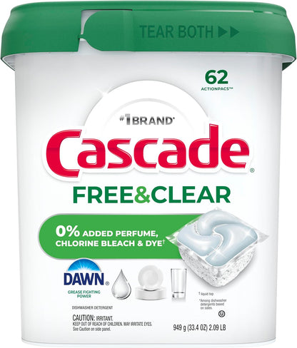 Cascade Free & Clear Dishwasher Pods – Family Kitchen Cleanup, No Chemical Residue on Kids Dishes 62ct