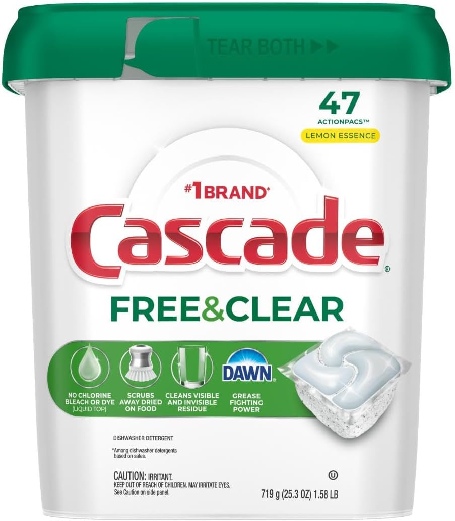 Cascade Free & Clear Dishwasher Pods for Sensitive-Skin Family Kitchens, Fragrance-Free Daily Dishwashing