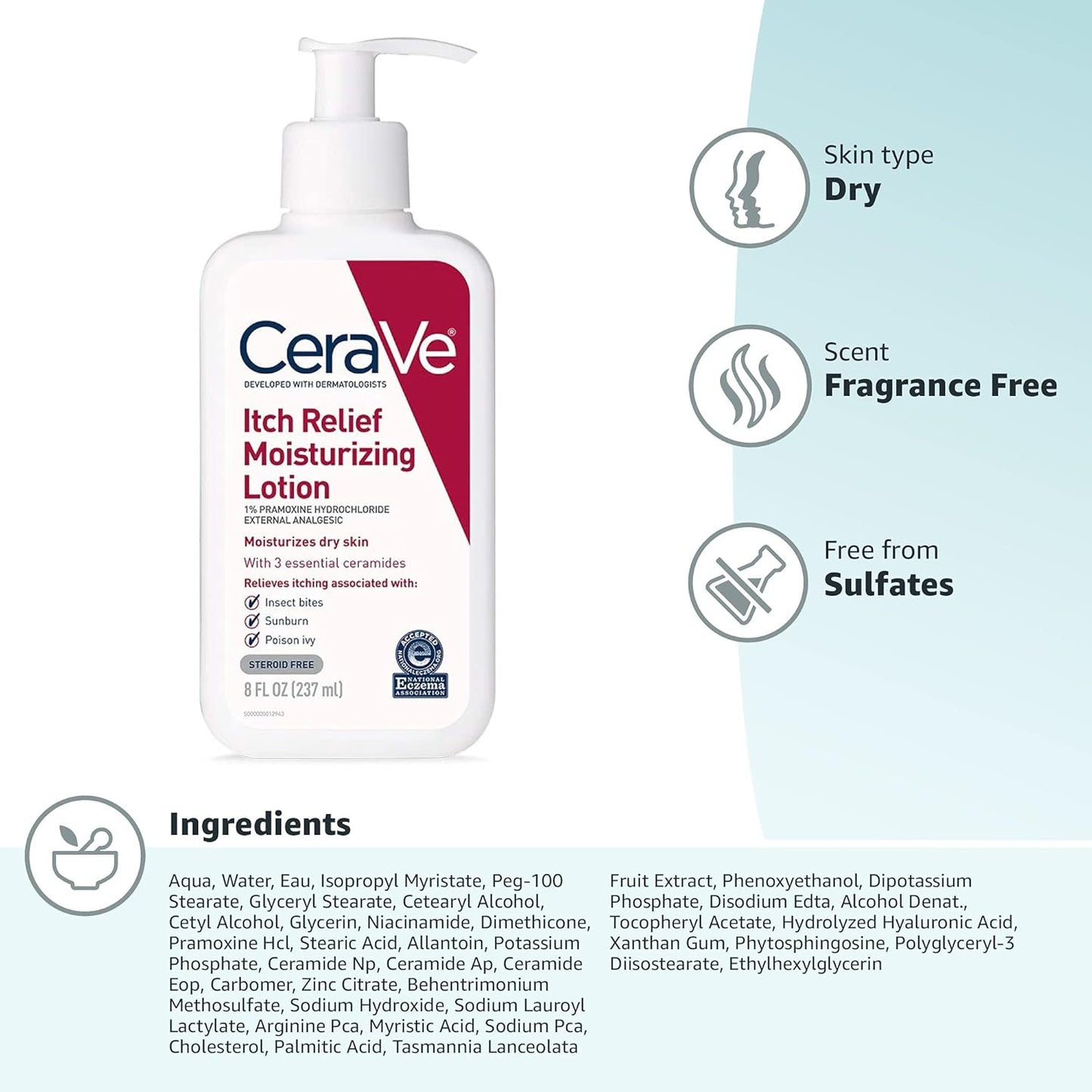 CeraVe Anti-Itch Moisturizing Lotion for Camping and Hiking, Pramoxine Bug Bite and Sunburn Relief 8 oz