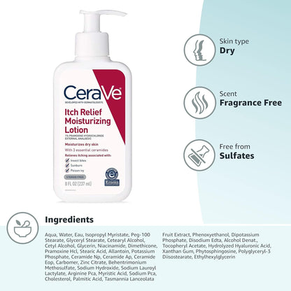 CeraVe Anti-Itch Moisturizing Lotion for Camping and Hiking, Pramoxine Bug Bite and Sunburn Relief 8 oz