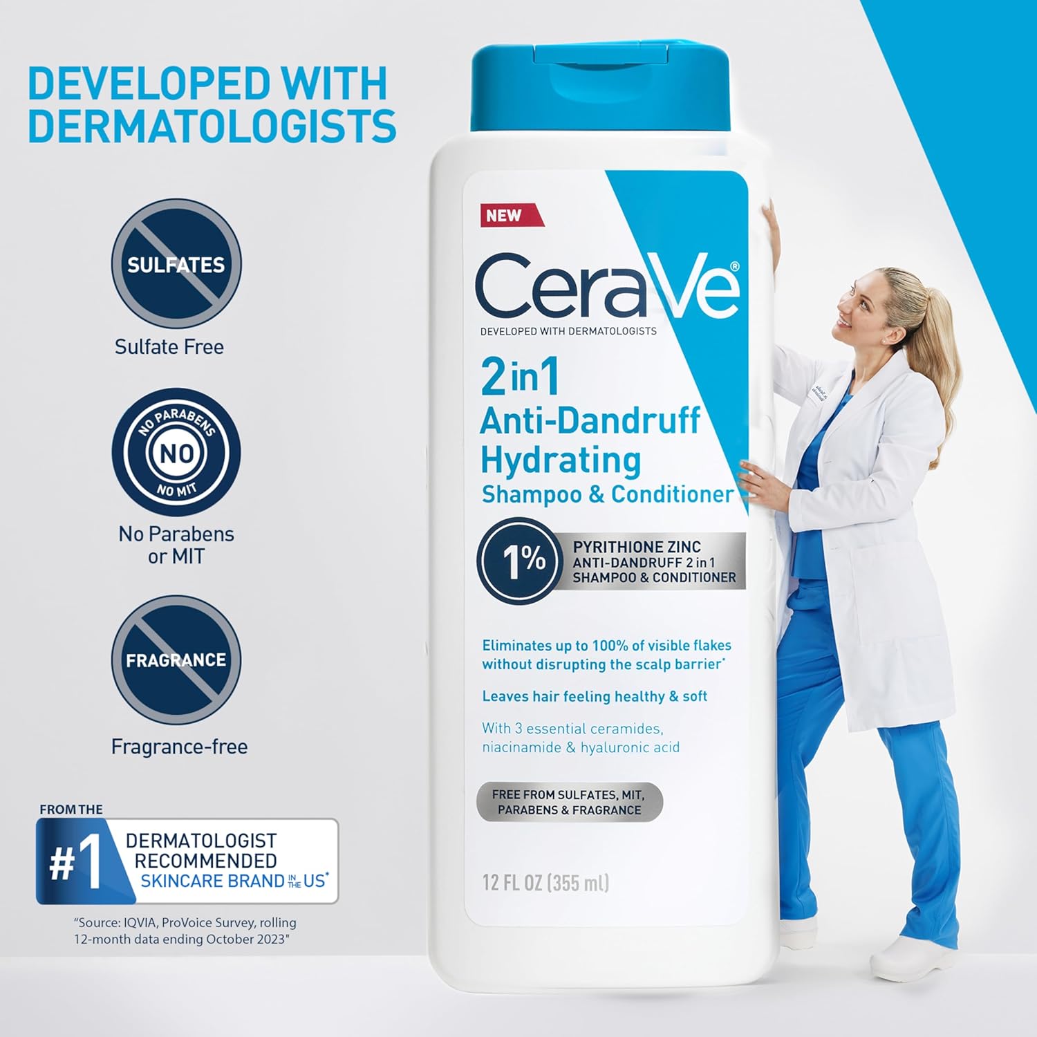 CeraVe Dermatologist-Safe Anti-Dandruff Shampoo – Hypoallergenic 2-in-1 Formula for Sensitive & Allergy-Prone Scalps