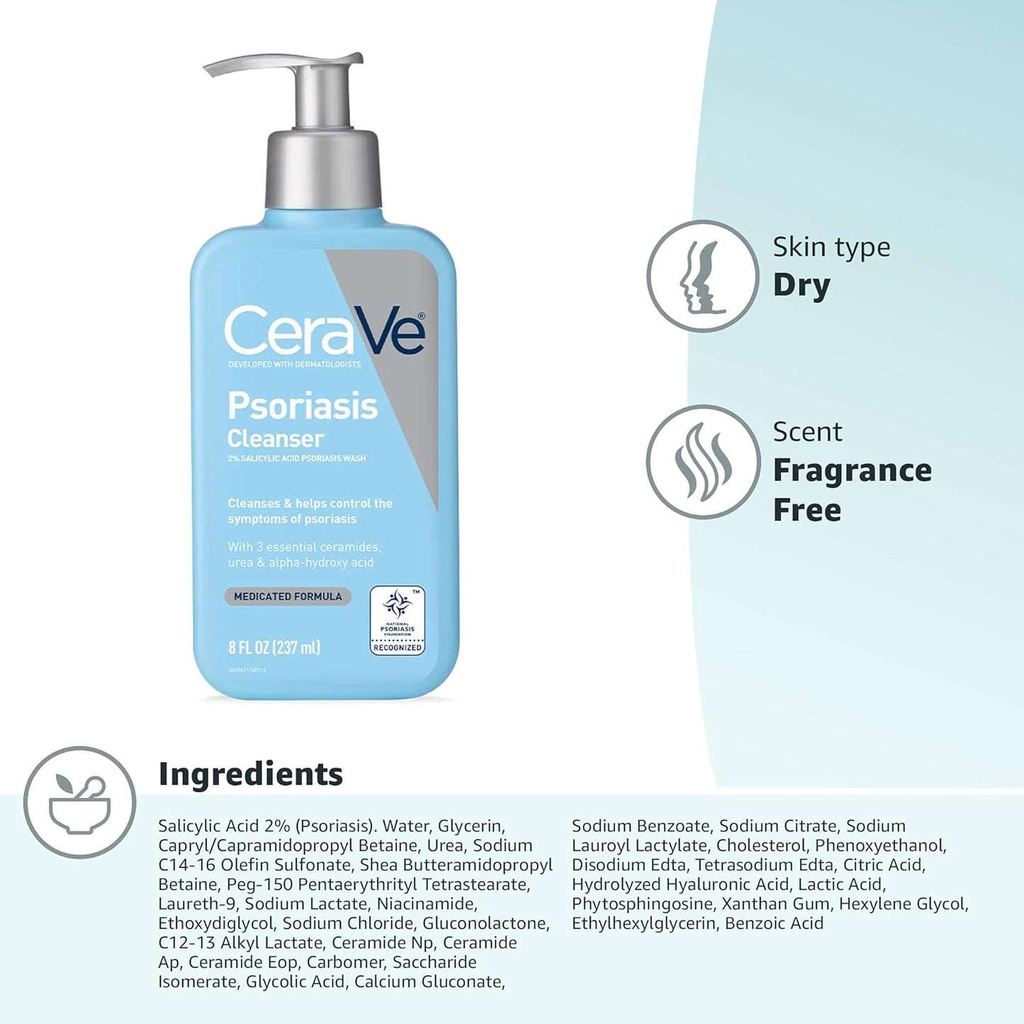 CeraVe Psoriasis Cleanser with 2% Salicylic Acid – Fragrance-Free Daily Body Wash for a Calming Itch-Relief Shower Ritual